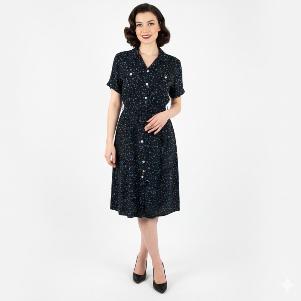 Vintage Robbie Bee Petite 100% Silk Shirt Dress 10P Polka Dot Belted Black Blue
